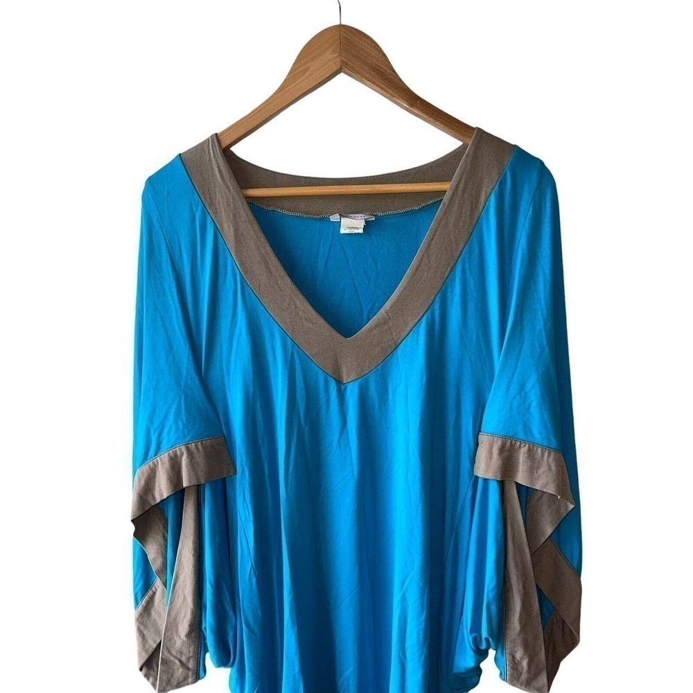 Trina Turk Size M Blue and Tan Choir Sleeve Modal Tunic Top Or Mini Dress - Picture 2 of 5